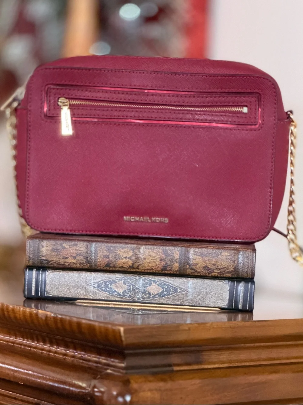 Michael Kors Large EW Saffiano Leather Crossbody Bag Cherry Red Gold Chain